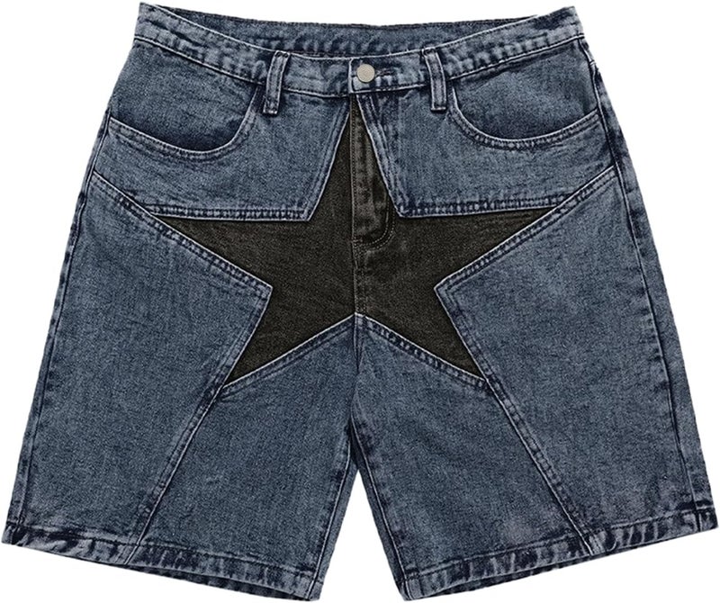 Vamtac Mens Patchwork Denim Shorts Straight Leg Star Jeans Unisex Steetwear Y2K Hip Hop Jorts for Women - Image 1